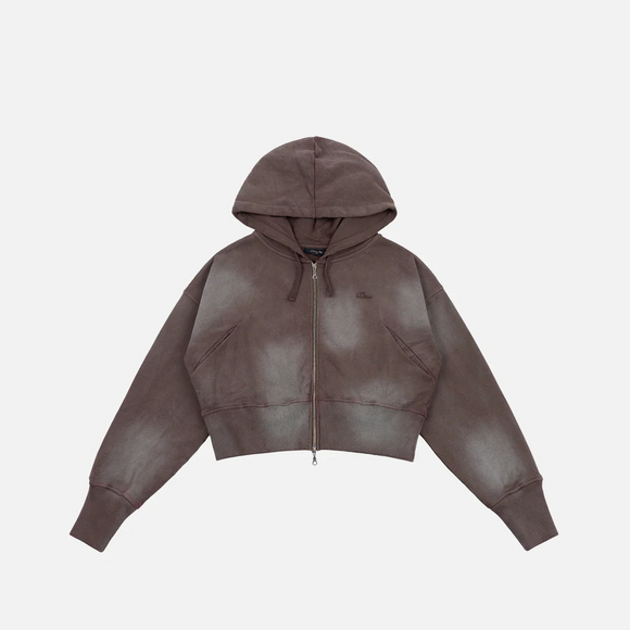 Dime Cropped Zip Hoodie- brown Washed