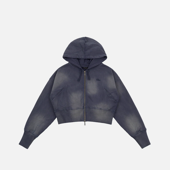 Dime Cropped Zip Hoodie- Navy Washed